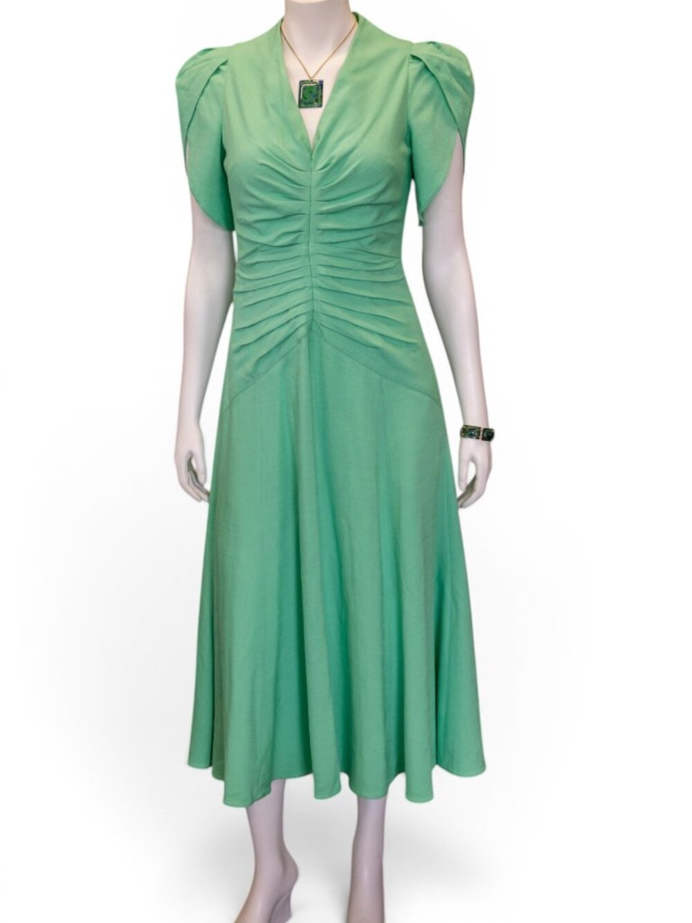 ME+EM Mint Green Ruched Midi Dress NWT | Flutter Sleeve | UK 10 / US 6